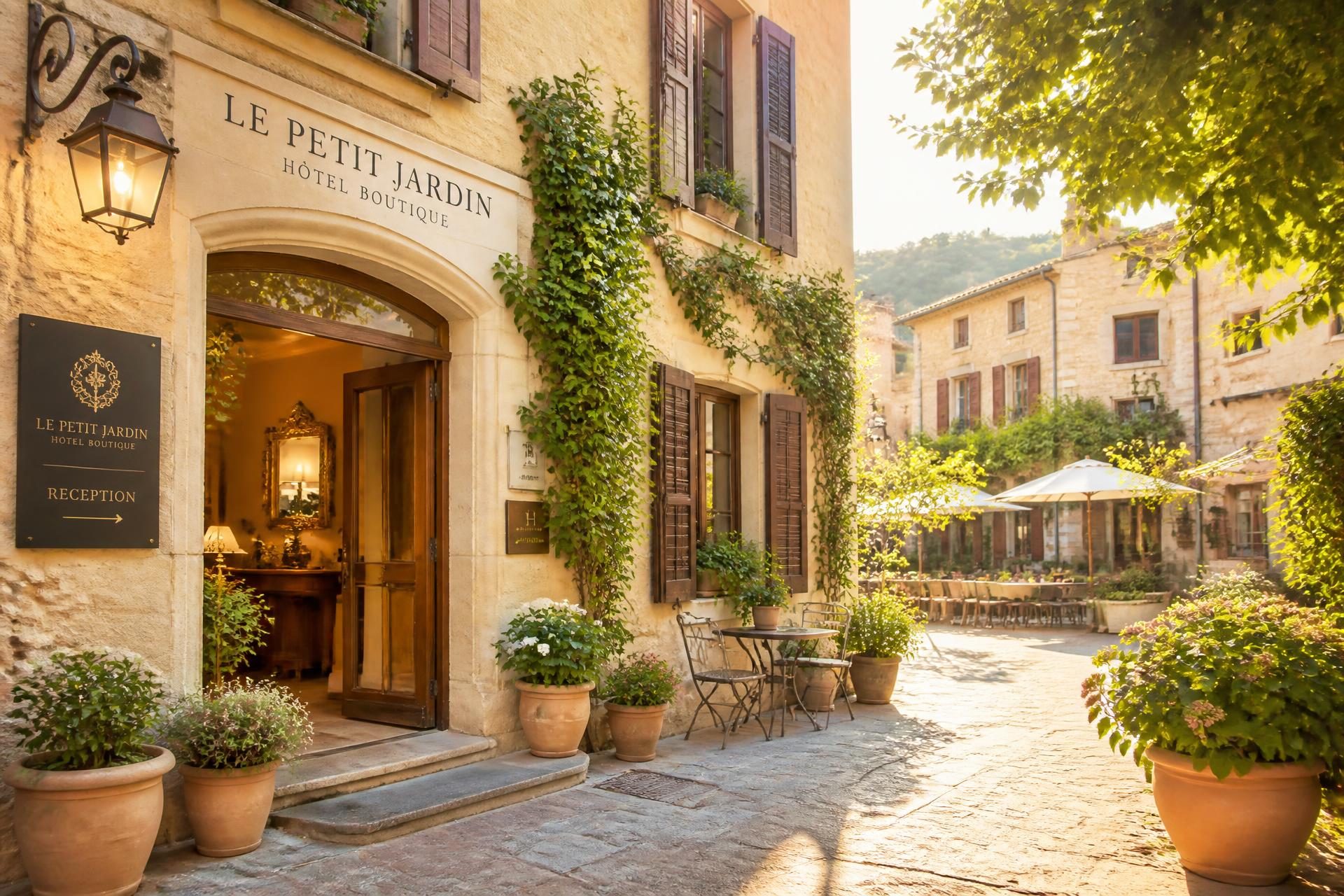 Façade d'un hôtel boutique ouvrant sur une place de village ensoleillée, terrasses et fleurs.